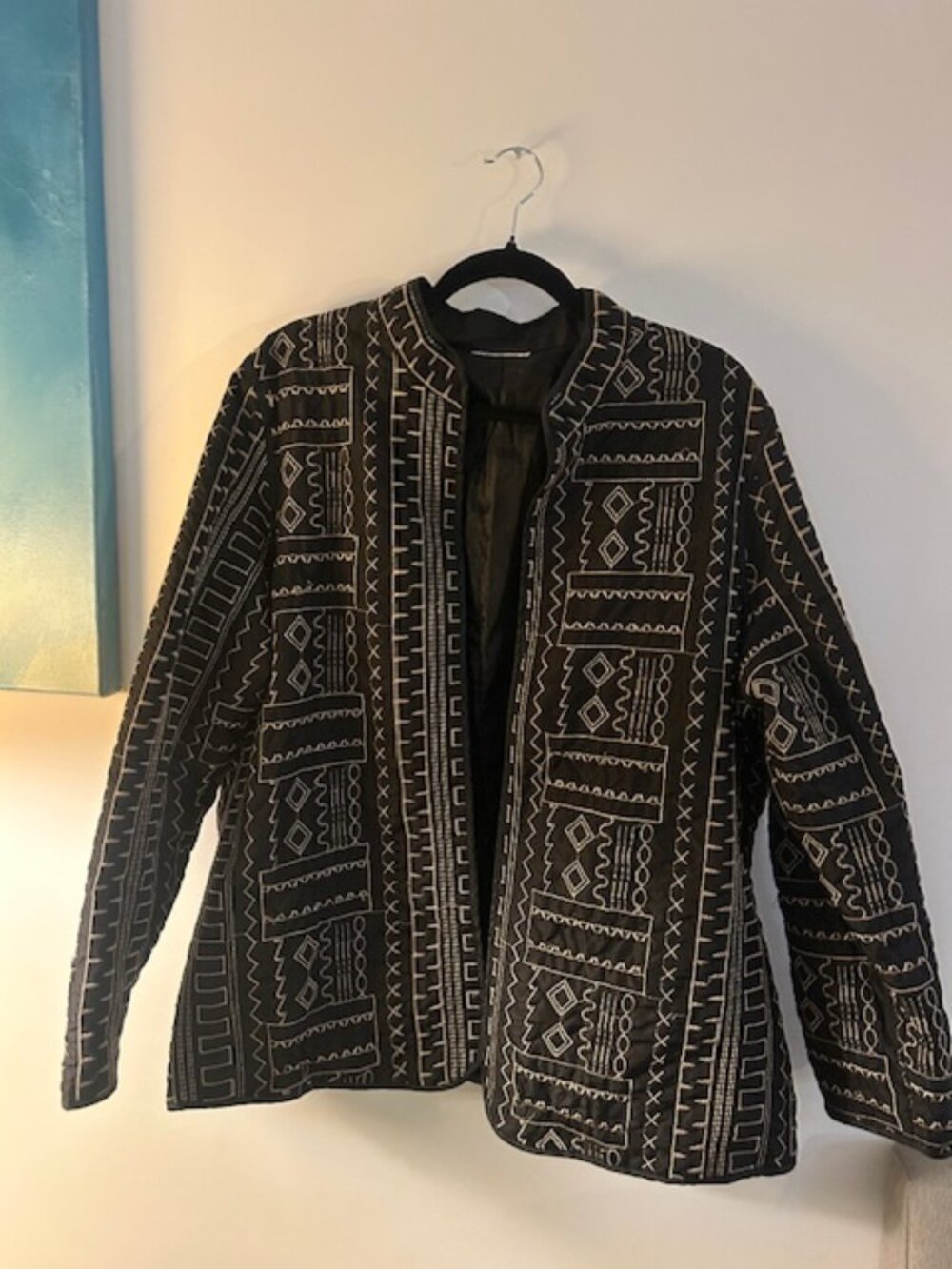 Vintage Mudcloth Print Embroidered Open Front Jacket Black Geometric Aztec M